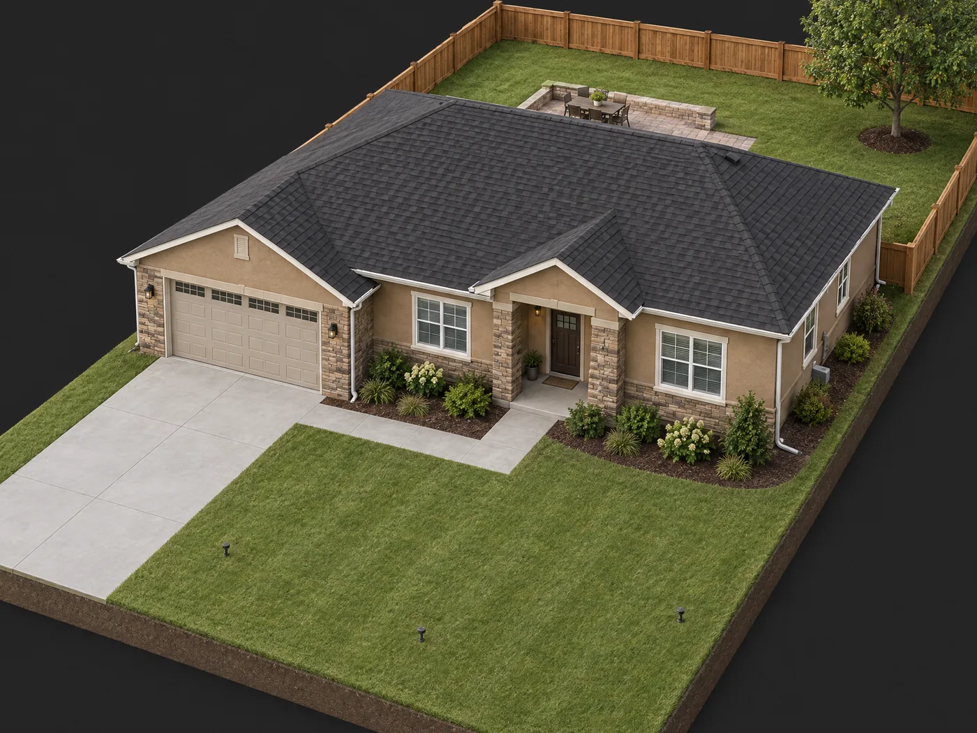 A ranch house on its lot, seen from above