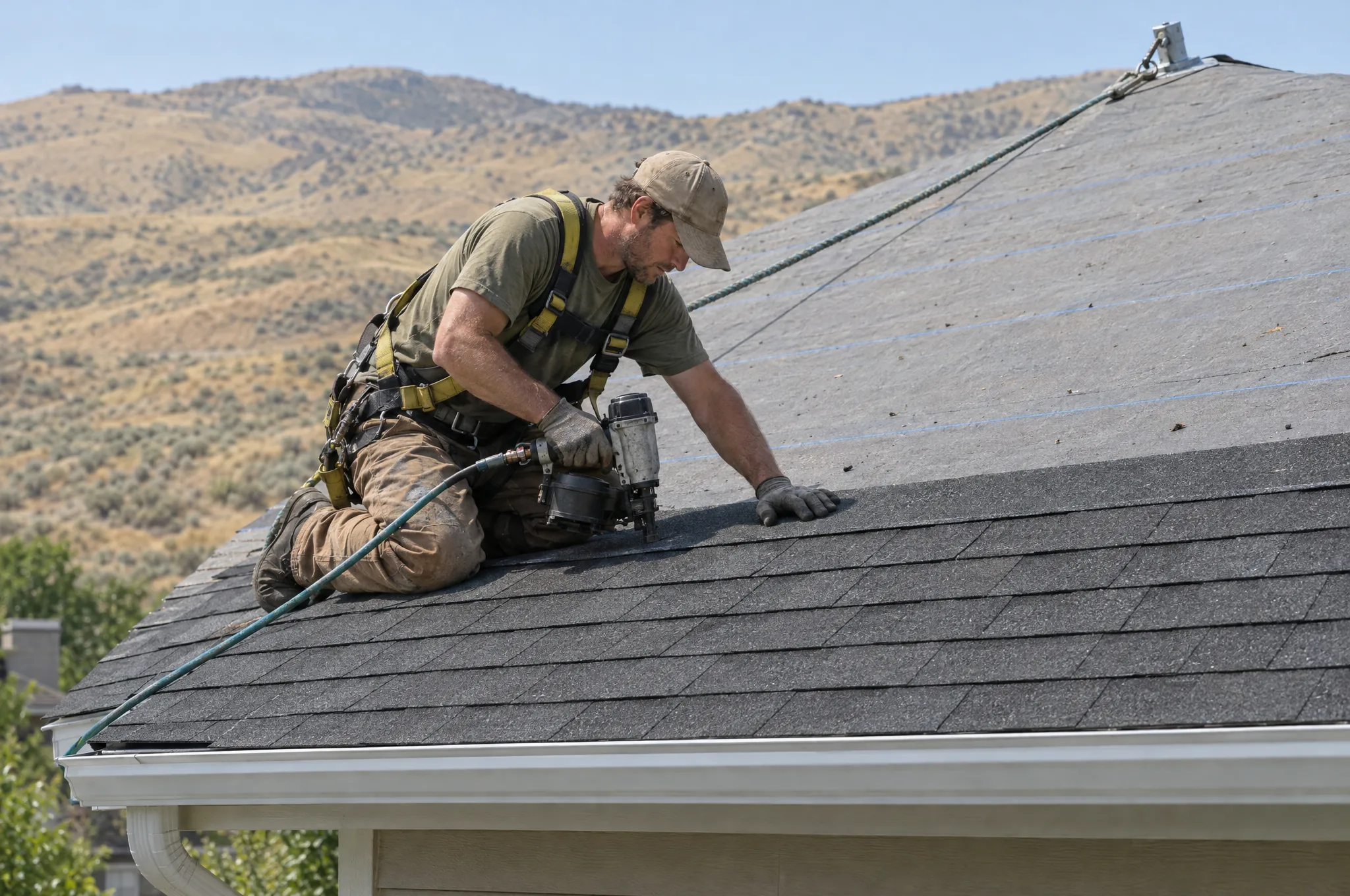A roofer in a fall harness nailing new shingles, the Boise foothills behind