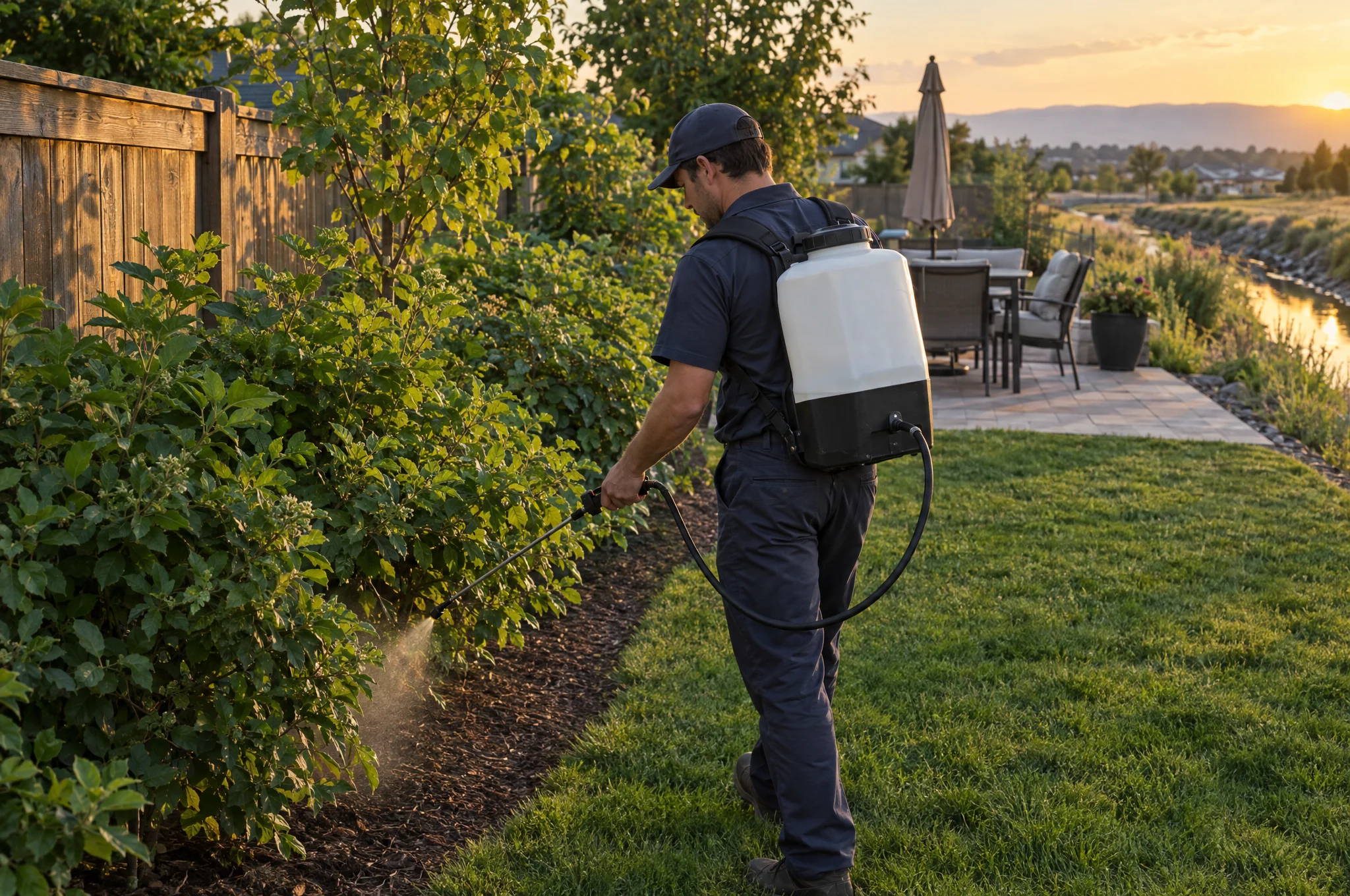 A backpack sprayer treating shrubs