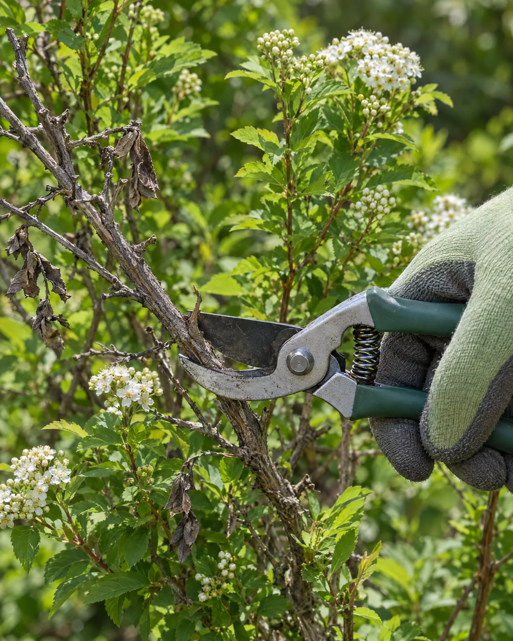 Hand pruners cutting dead wood from a shrub