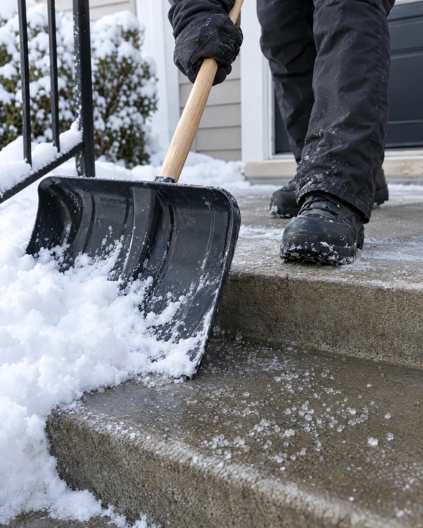 A shovel clearing front steps, ice melt on the concrete