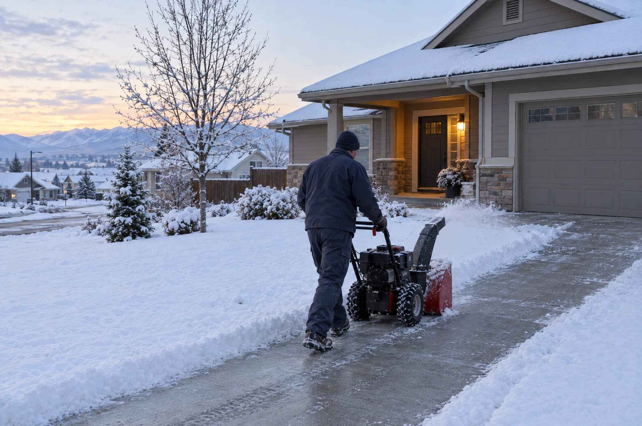 A driveway being cleared of snow
