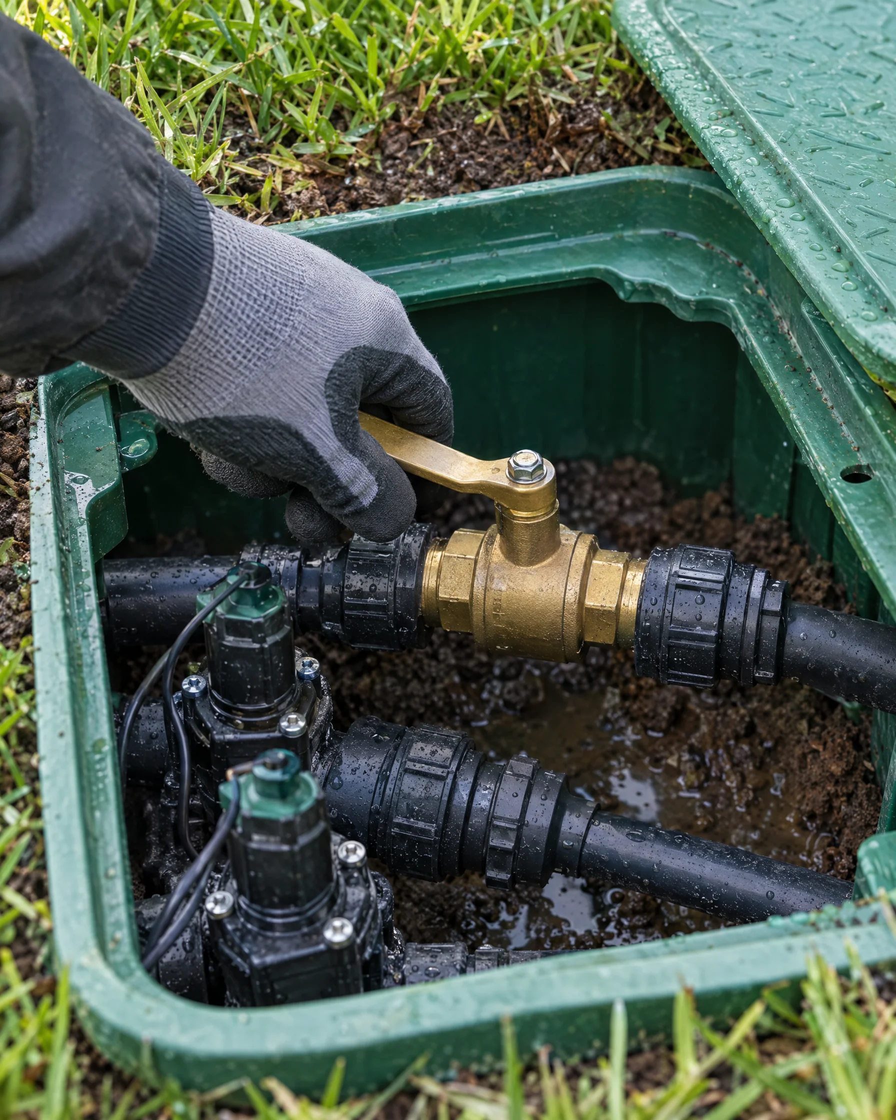 A gloved hand turning a brass valve in an irrigation valve box