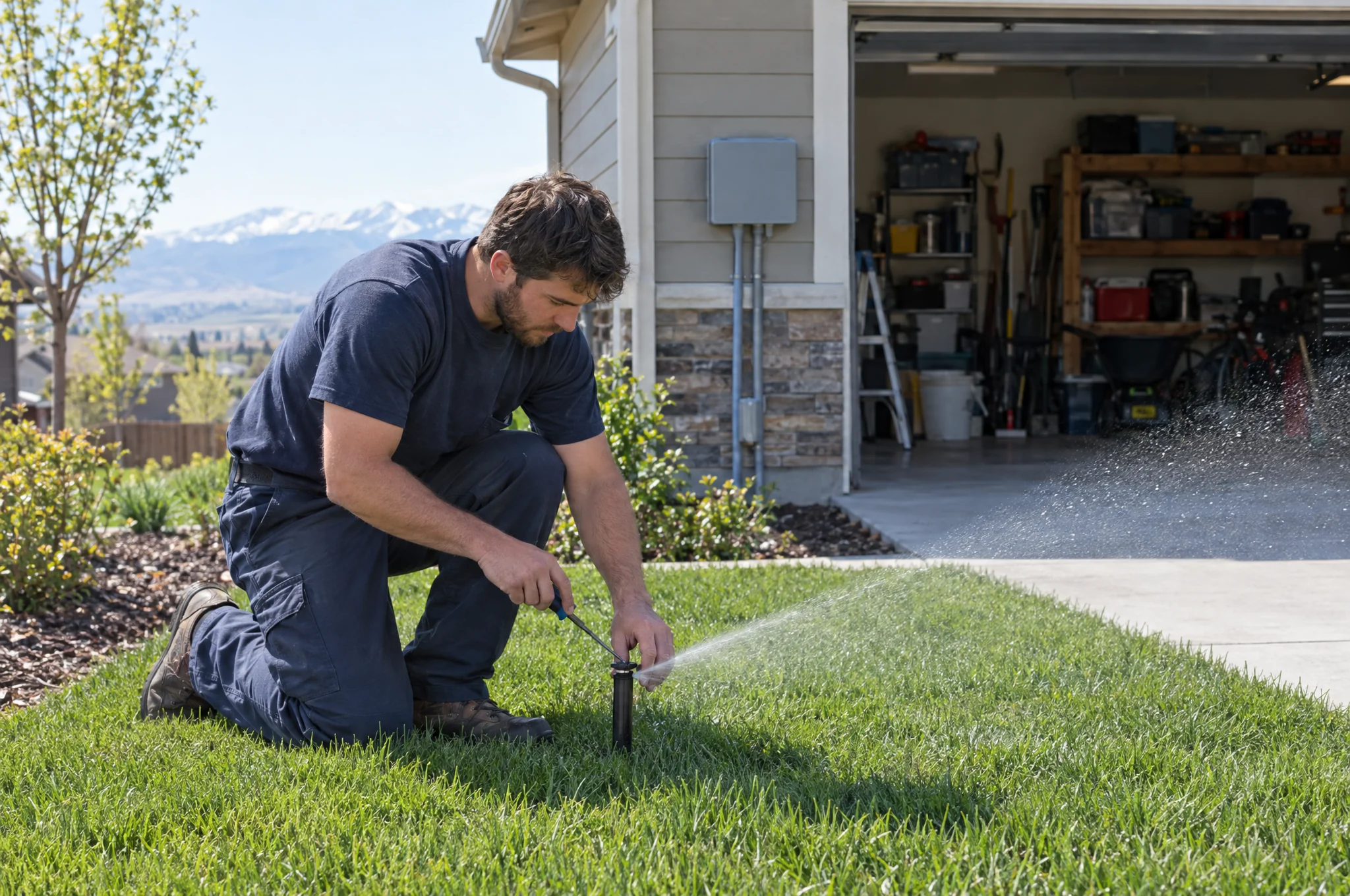 A technician adjusting a sprinkler head