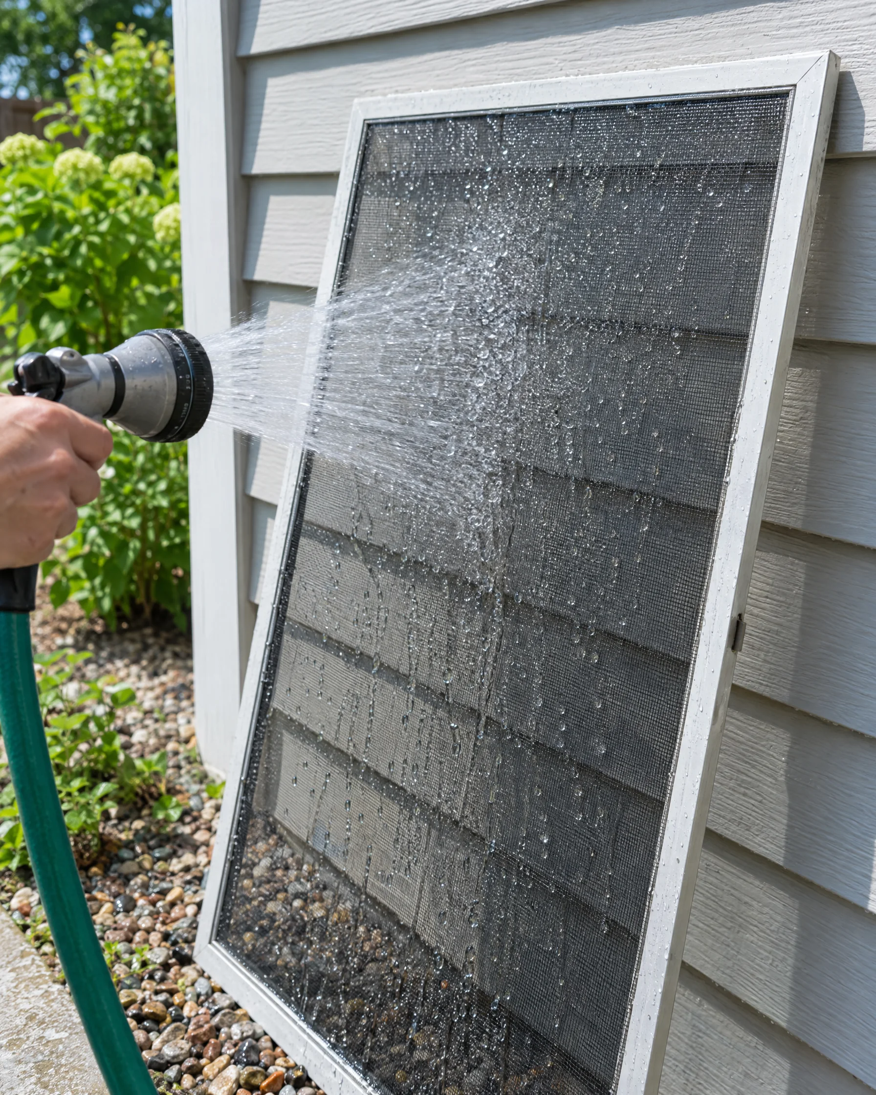 A window screen being rinsed and leaned against siding