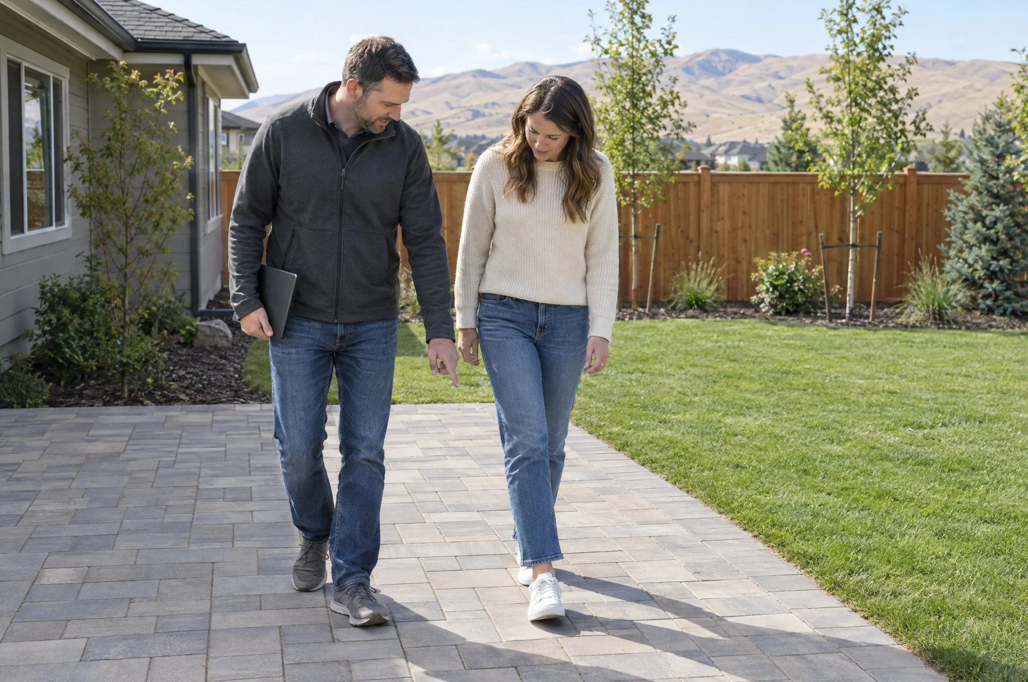 A reviewer and a homeowner walking a new paver patio