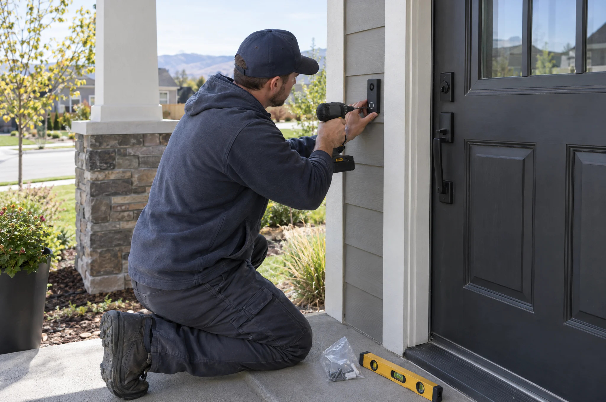 An installer mounting a video doorbell beside a front door